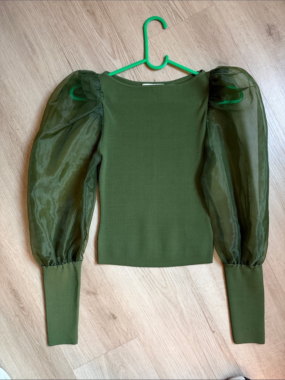 Alice + Olivia Olive Sheer Puff-Sleeve Knit Top
